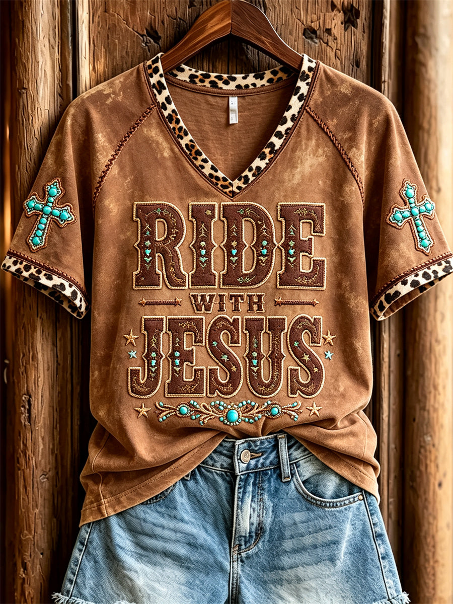 Damen fahrt mit Jesus-Kurzarm-T-Shirt mit Türkis-Kreuz Leoparden muster