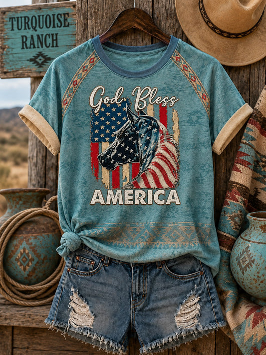 Frauen Gott segne Amerika Pferd Bedrucktes schulter freies T-Shirt