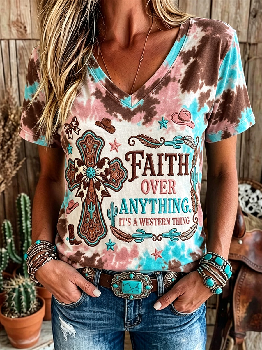 Kurz ärmel iges T-Shirt mit Kreuz druck für Frauen im westlichen Glauben über alles