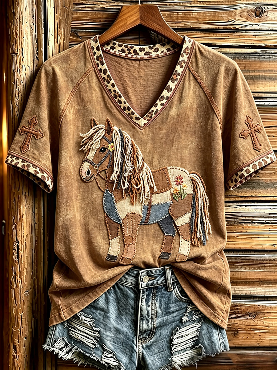 Damen Vintage Western Patchwork Pferd Kunst Kreuz druck V-Ausschnitt Kurzarm T-Shirt