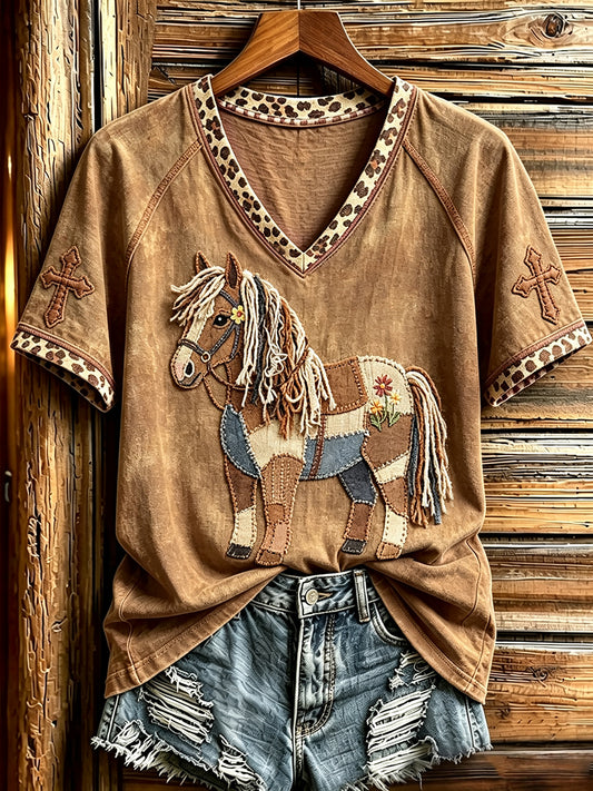 Damen Vintage Western Patchwork Pferd Kunst Kreuz druck V-Ausschnitt Kurzarm T-Shirt