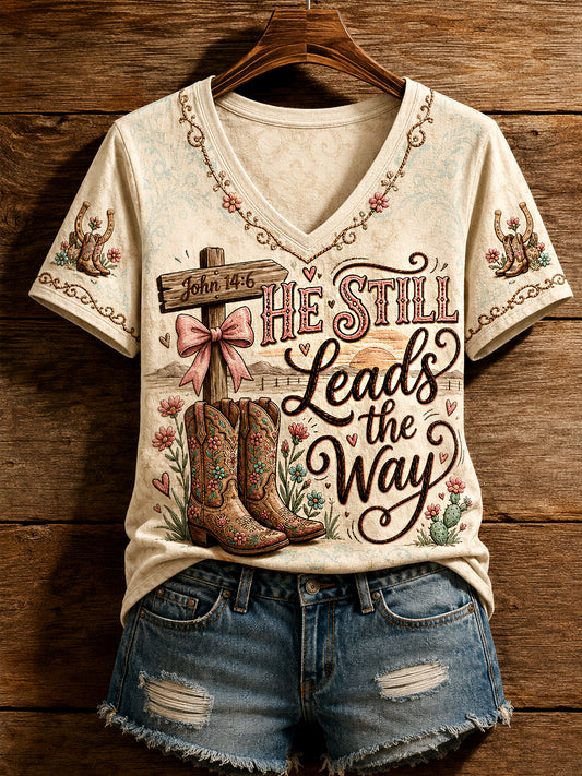 Frauen Retro Western Faith Jesus Er führt immer noch die Art und Weise Print Casual V-Ausschnitt T-Shirt
