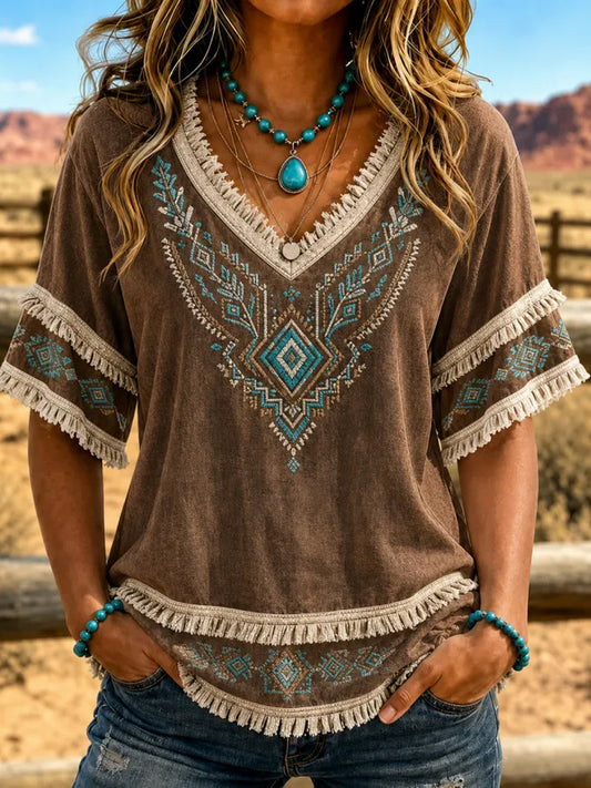 Frauen Vintage Western Art Baumwoll-Leinen-Hemd