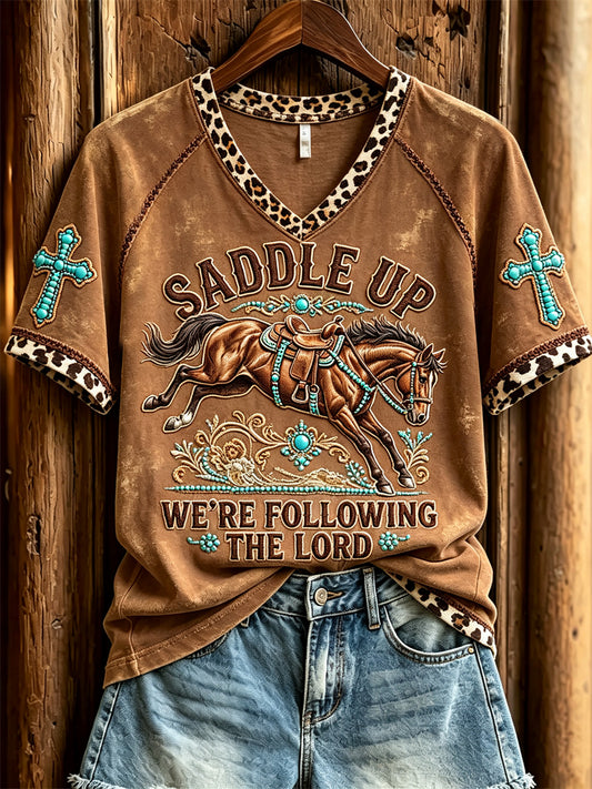Damen sattel hoch Wir folgen dem kurz ärmel igen T-Shirt mit Lord Horse & Turquoise Cross Print