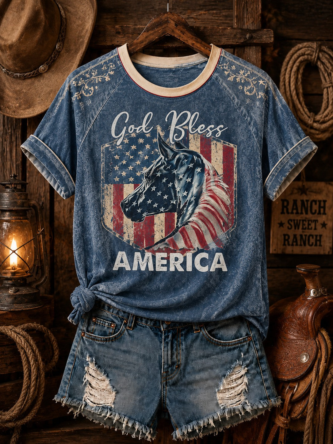Damen-T-Shirt mit Gott-segnet-Amerika-Pferdemotiv und schulterfreiem Schnitt