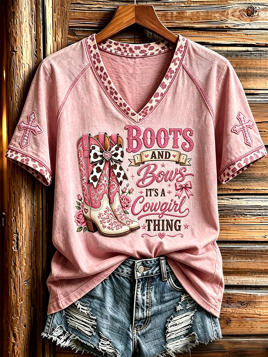 Damen-Westliches Cowgirl-T-Shirt mit V-Ausschnitt und Kreuz druck