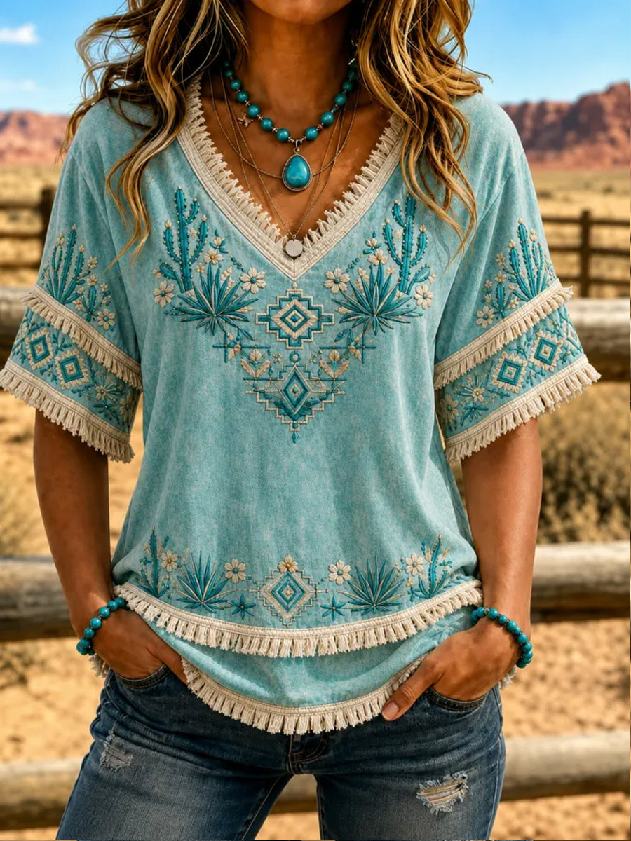 Damenhemd im Vintage-Western-Stil aus Baumwolle-Leinen-Mischgewebe