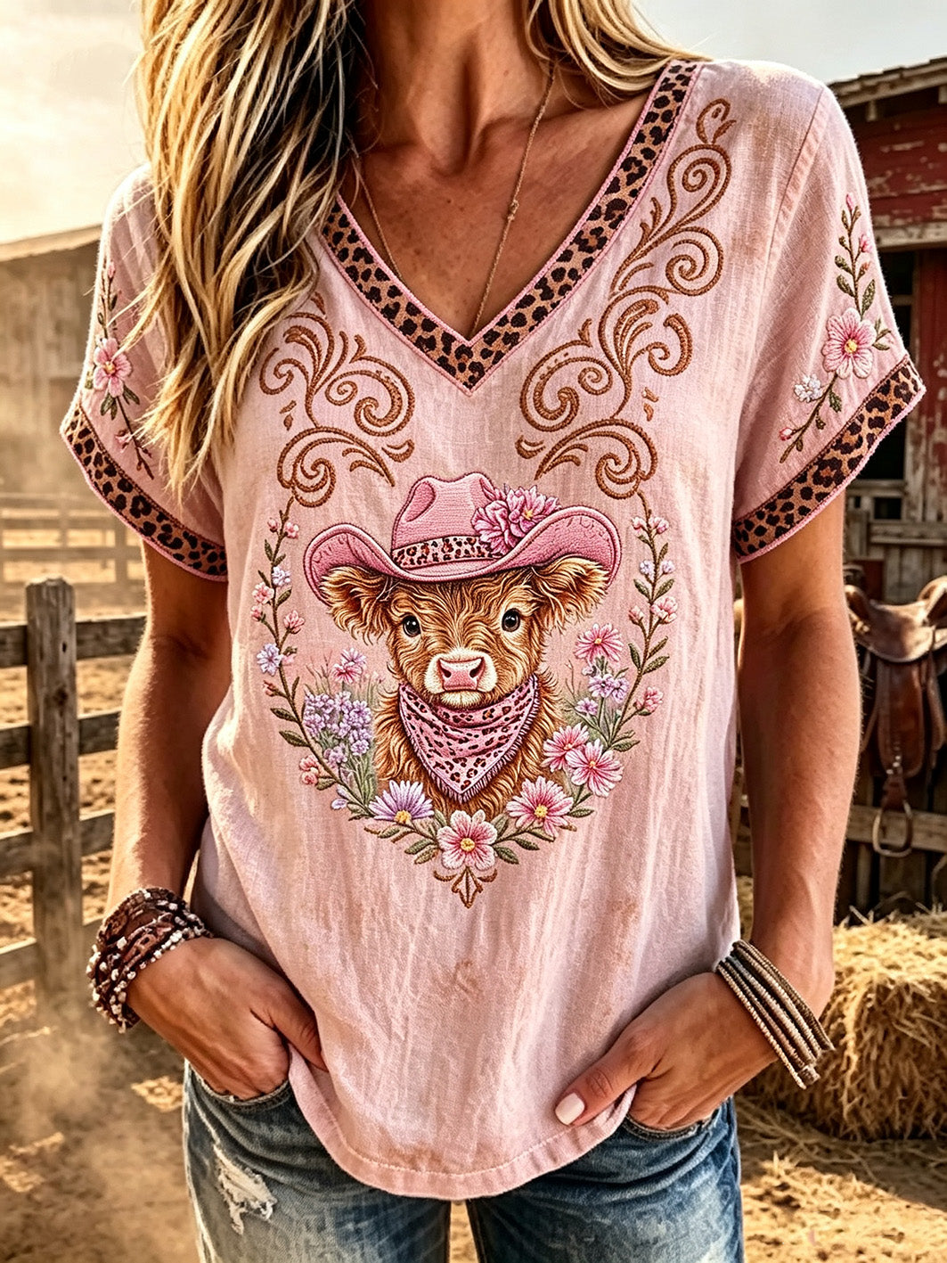 Damen-Retro-Western-Style-T-Shirt aus Leinen mit Animal-Print und kurzen Ärmeln – lässig und bequem