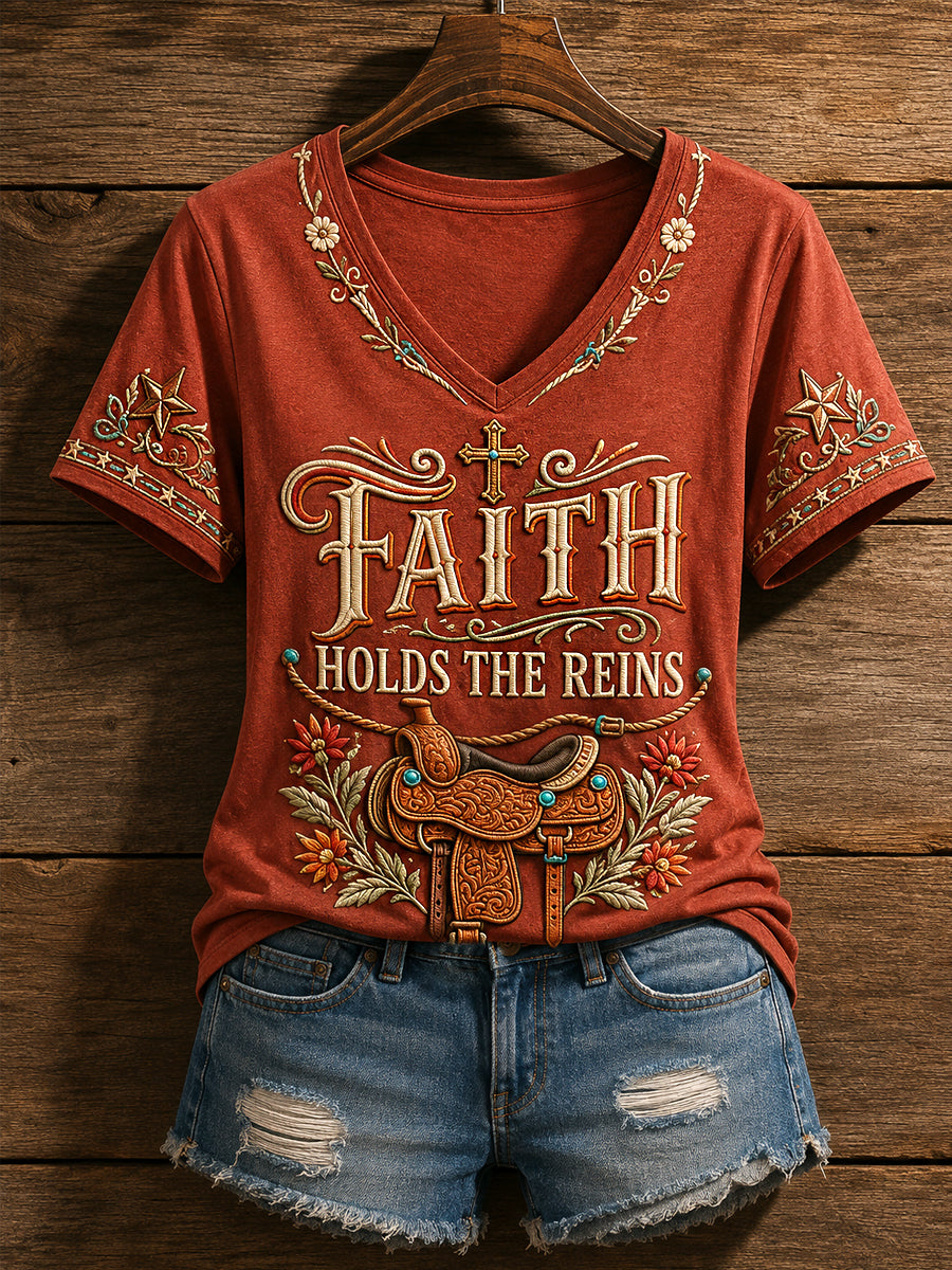 Damen Retro Western Faith Print Casual V-Ausschnitt T-Shirt