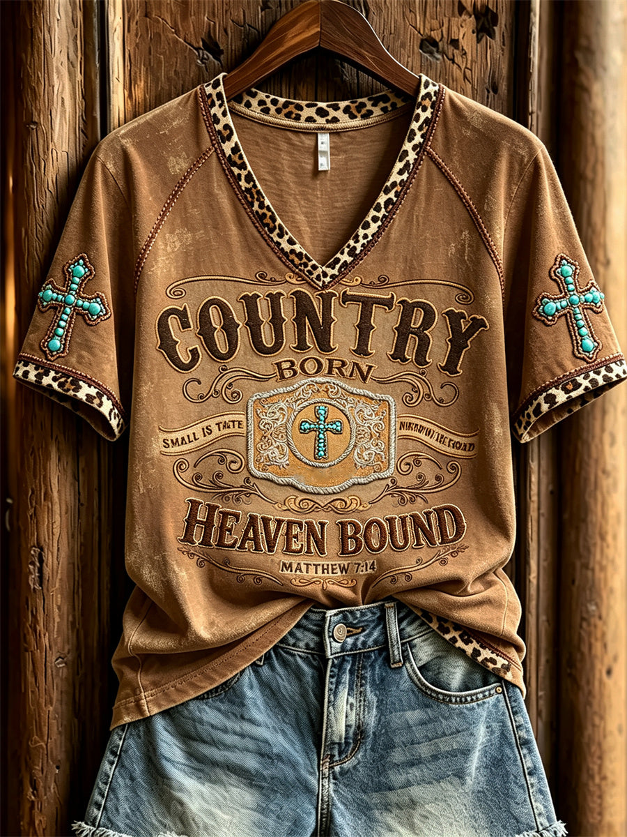 Kurzarm-T-Shirt mit Türkis-Kreuz druck für Frauen Country Born Heaven Bound