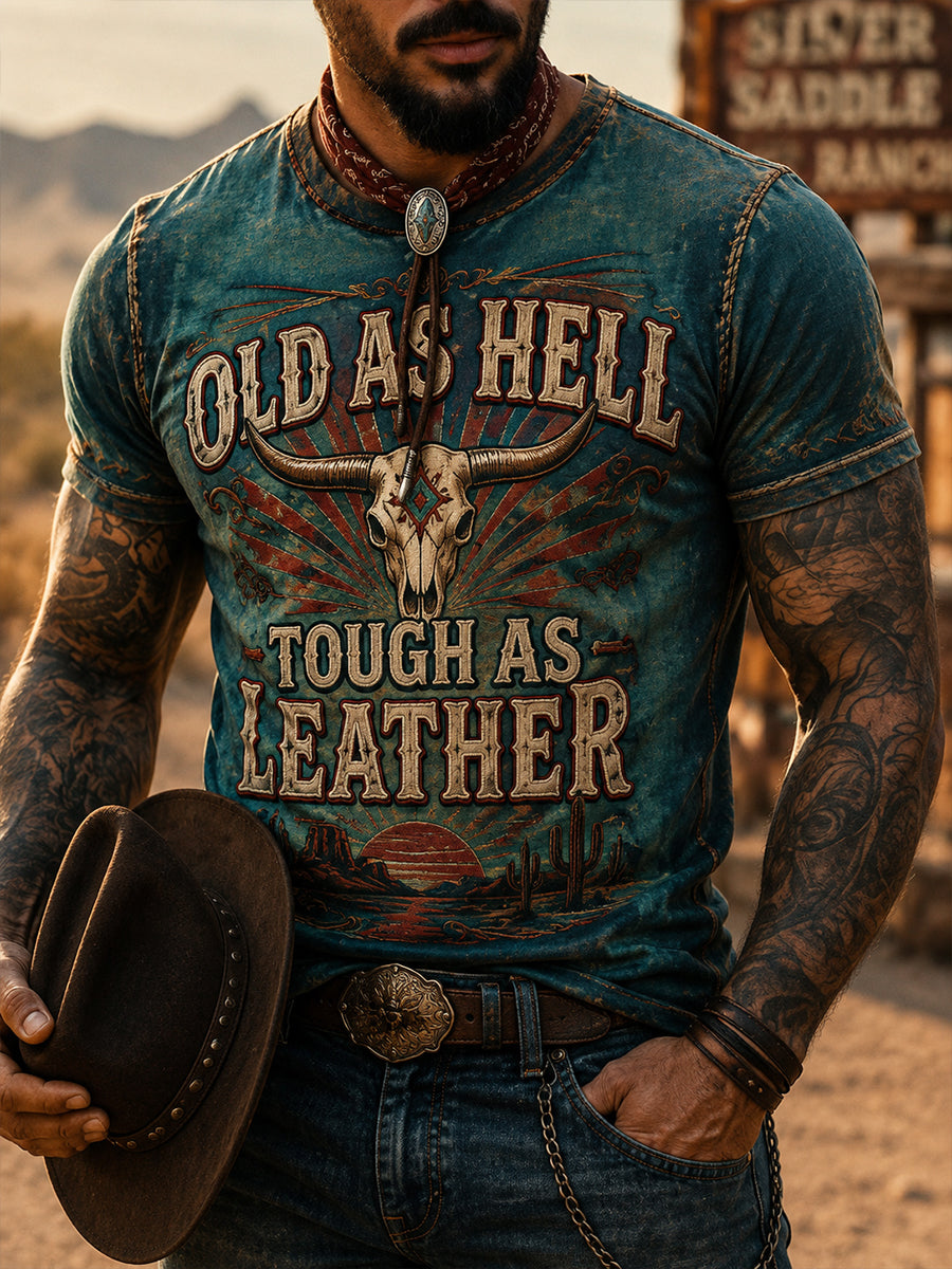 Herren-Retro-Western-Cowboy-T-Shirt mit Schädel-Print und Used-Look