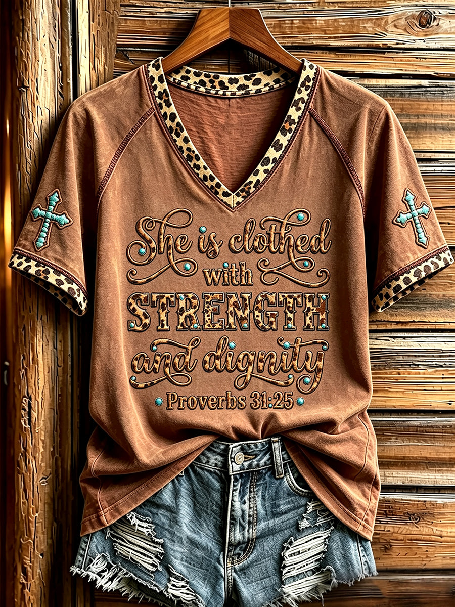 T-Shirt mit V-Ausschnitt und T-Shirt mit westlichem Leopard Christian Quotes Print