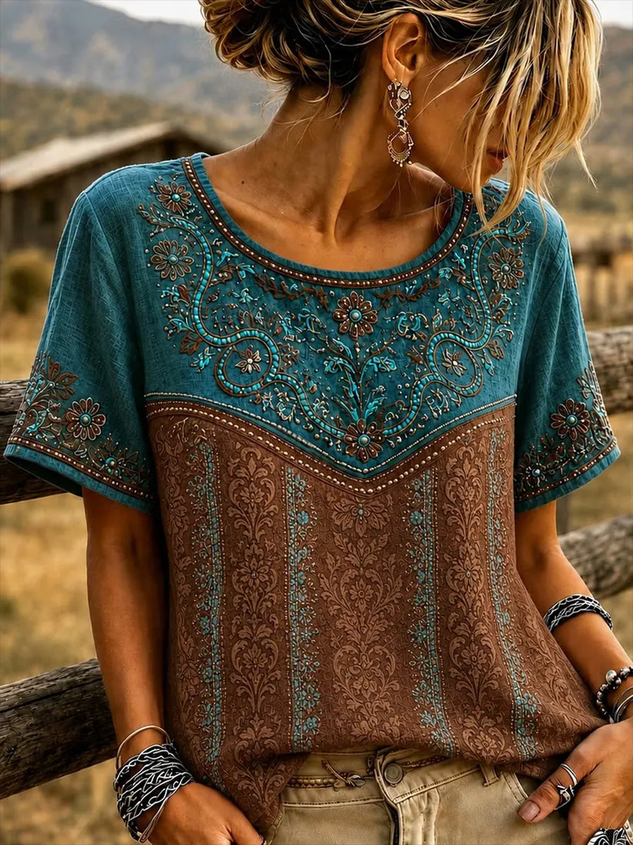 Damen Vintage Western Art Leinen kurze Ärmel Hemd