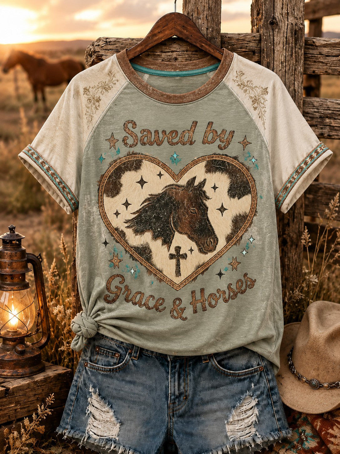 Frauen gerettet von Grace und Pferden Western Faith Cowhide Herz Kreuz Bedrucktes schulter freies T-Shirt