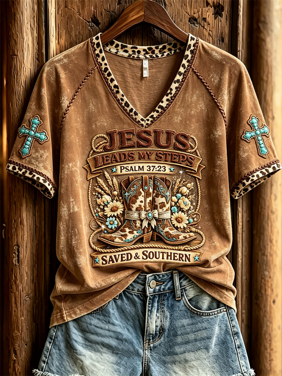 Damen-Jesus führt meine Schritte Westerns tiefel Kurzarm-T-Shirt mit Türkis-Kreuz druck