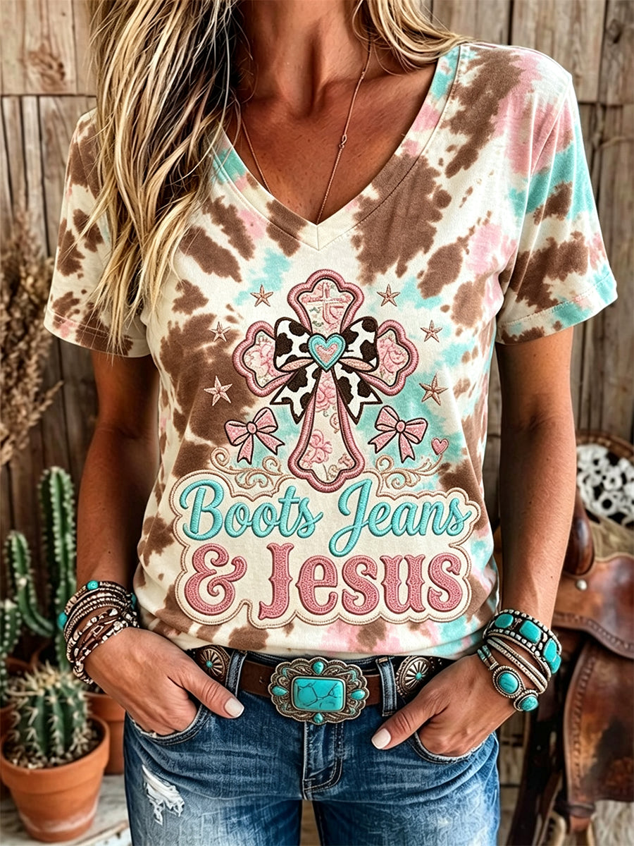 Damen-Westernstiefel Jeans und Jesus-Glaube Kreuz-Print Kurzarm-T-Shirt