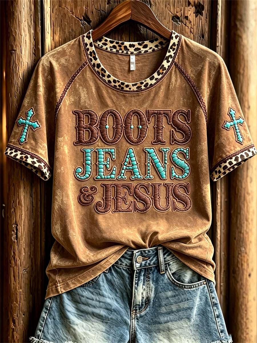 Damen stiefel Jeans Jesus Türkis Kurzarm T-Shirt mit Leoparden muster