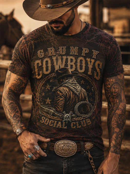 Herren-Retro-Western-Cowboy-T-Shirt mit Schädel-Print und Used-Look