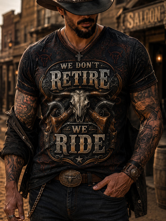 Herren-Retro-Western-Cowboy-T-Shirt mit Schädel-Print und Used-Look