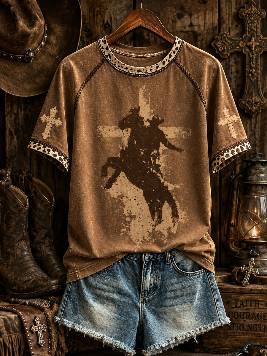 Damen Retro Western Christian Kreuz Kurzarm T-Shirt