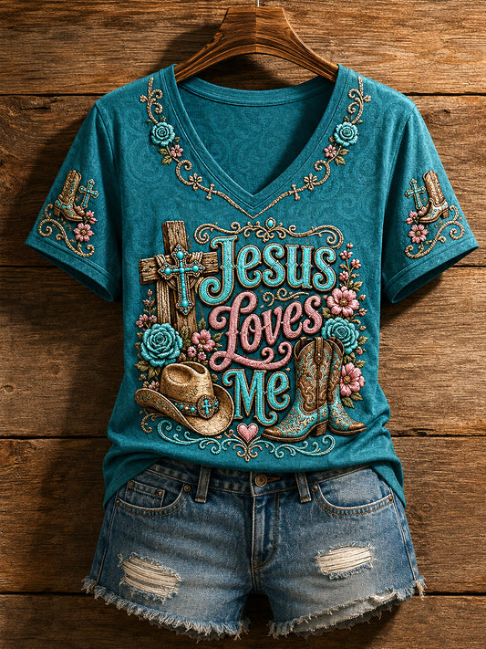 Damen Retro Western Faith Jesus liebt mich Stiefel Print Casual V-Ausschnitt T-Shirt