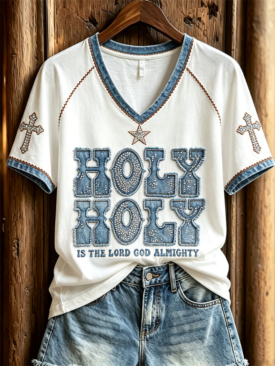 Damen Vintage Holy Glitter Denim Kunstdruck Kurzarm T-Shirt