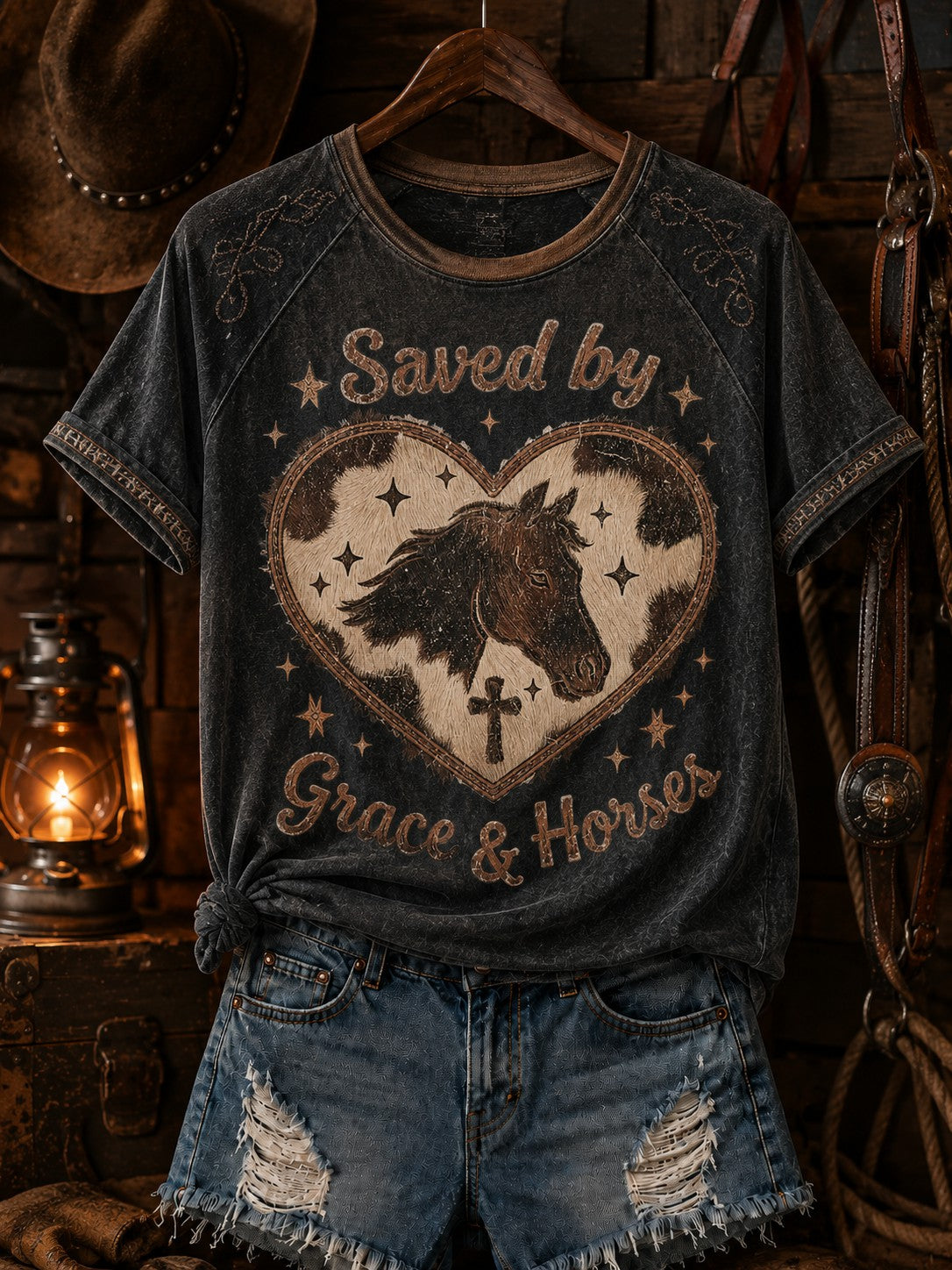 Damen-T-Shirt mit schulterfreiem Schnitt, aus Rindleder gefertigt, mit Herzen und Kreuz im Western- und Glaubensstil sowie dem Schriftzug „Saved by Grace and Horses“ bedruckt
