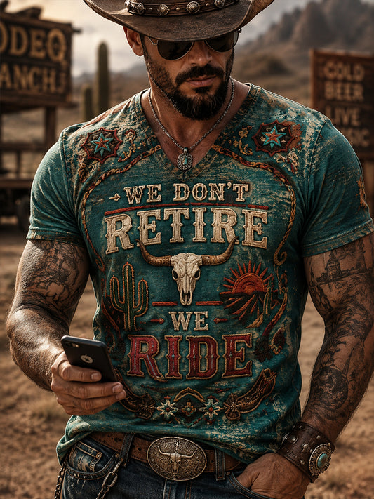 Herren-Retro-Western-Cowboy-T-Shirt mit Schädel-Print und Used-Look