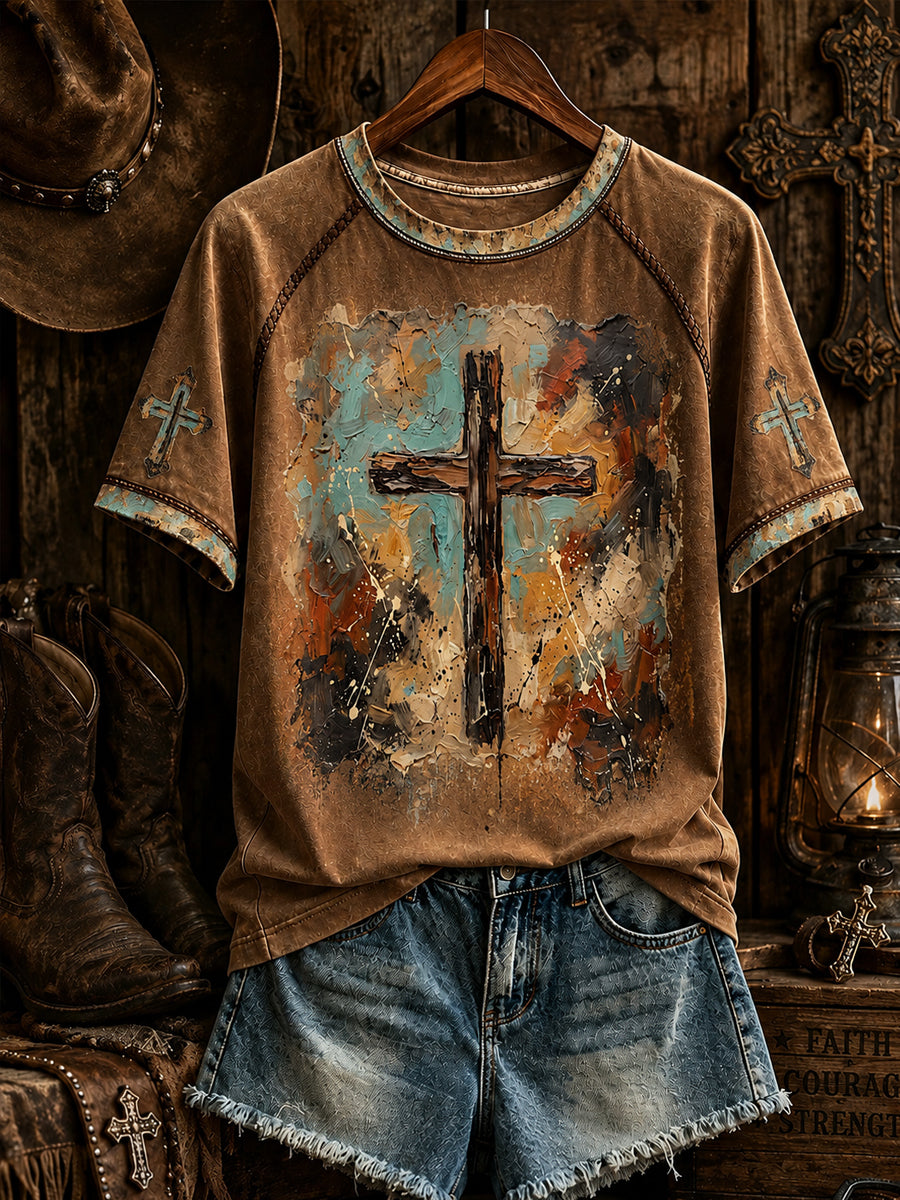 Damen-Retro-Western-T-Shirt mit christlichem Kreuz und kurzen Ärmeln