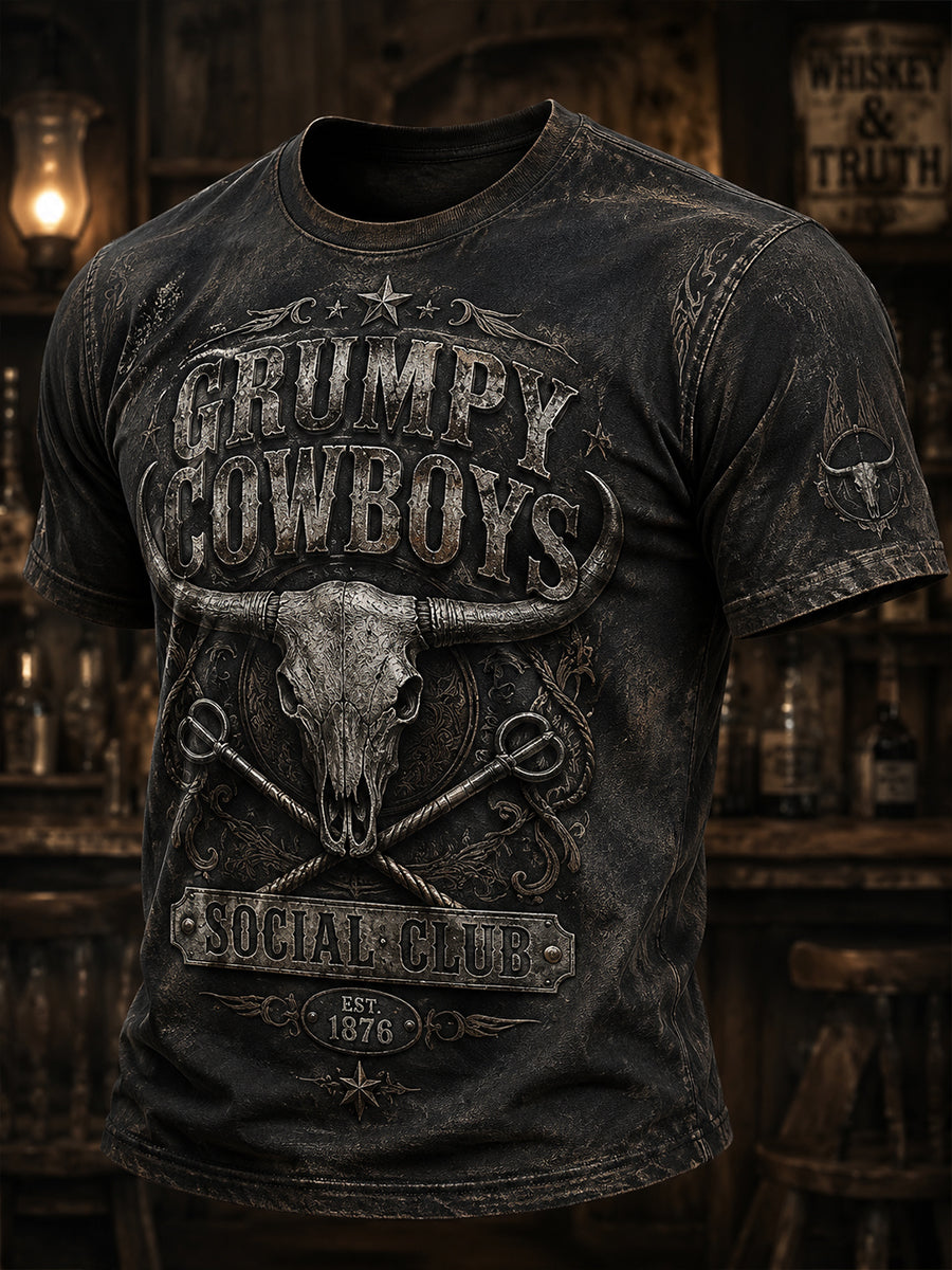 Herren-Retro-Western-Cowboy-T-Shirt mit Schädel-Print und Used-Look
