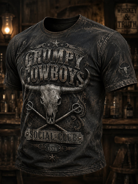 Herren-Retro-Western-Cowboy-T-Shirt mit Schädel-Print und Used-Look