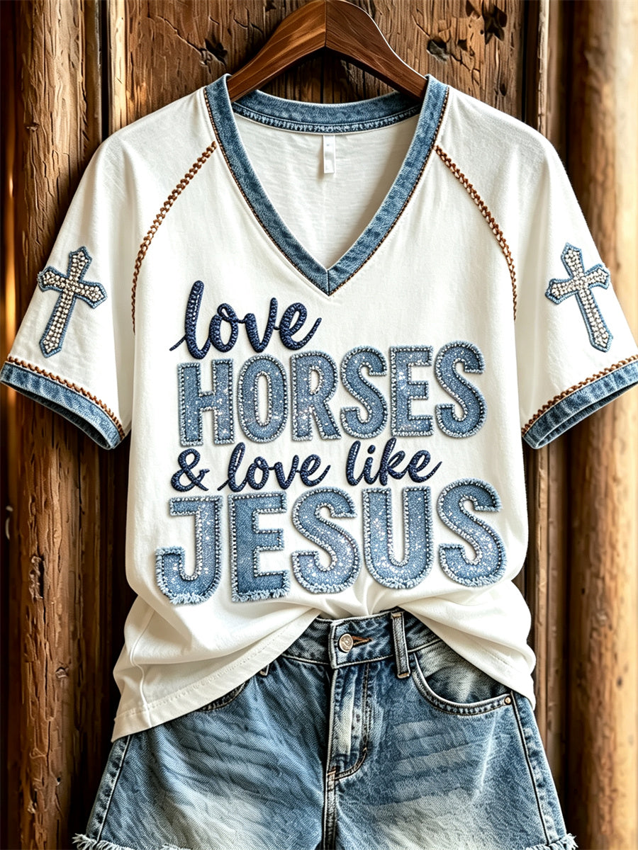 Damen Love Horses & Love Like Jesus Vintage Jeans Kunst kurz ärmel iges T-Shirt