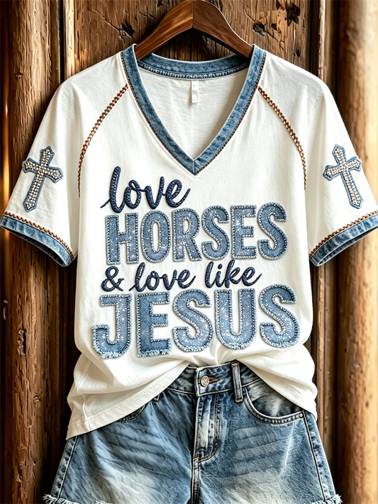 Damen Love Horses & Love Like Jesus Vintage Jeans Kunst kurz ärmel iges T-Shirt