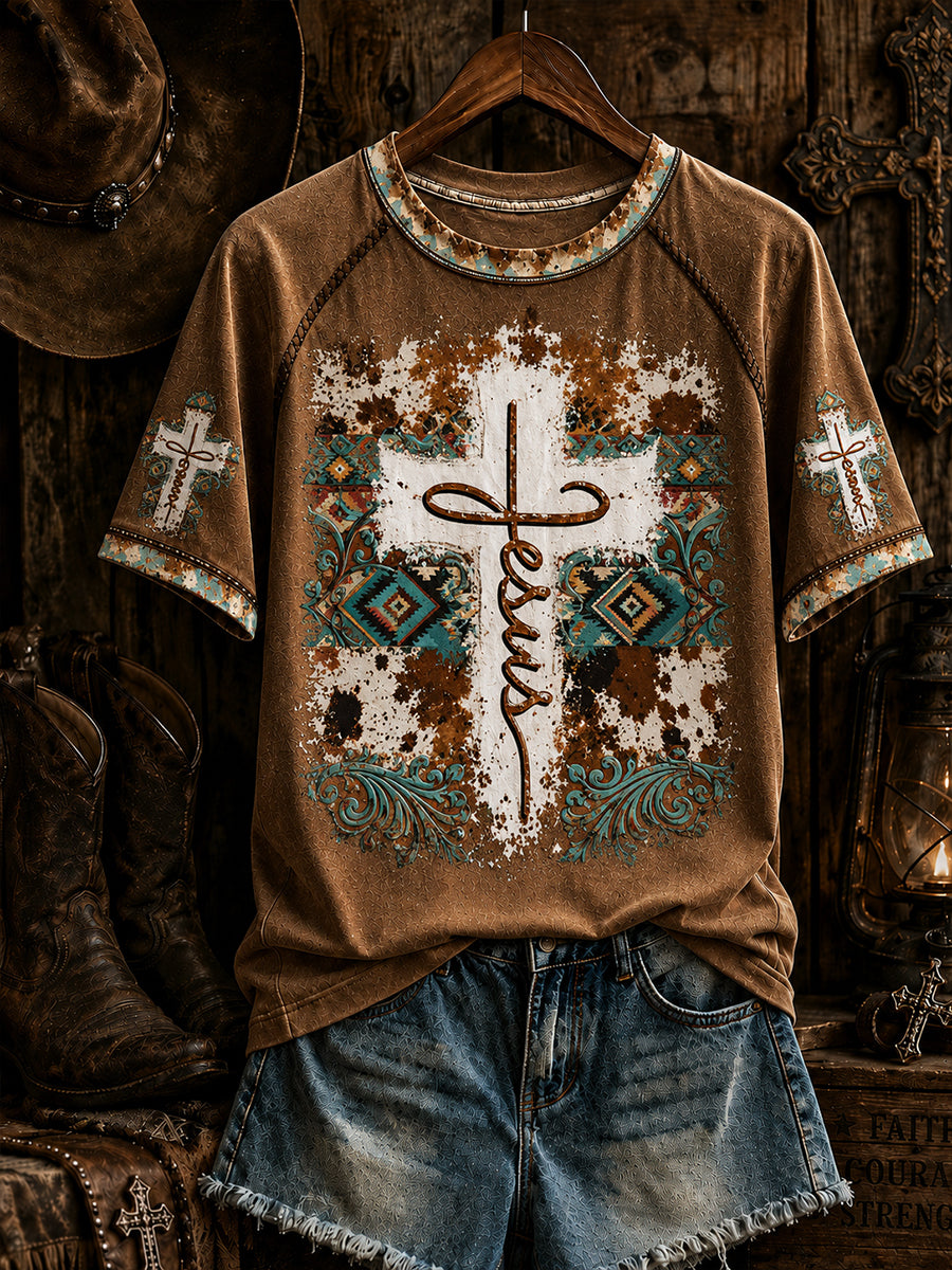 Damen Retro Western Christian Jesus Kreuz Kurzarm T-Shirt