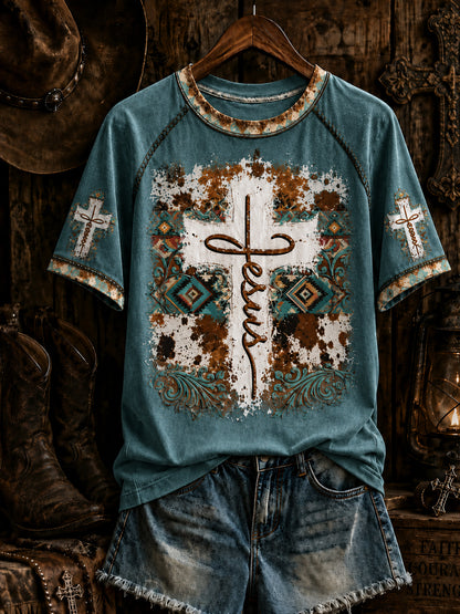 Damen Retro Western Christian Jesus Kreuz Kurzarm T-Shirt