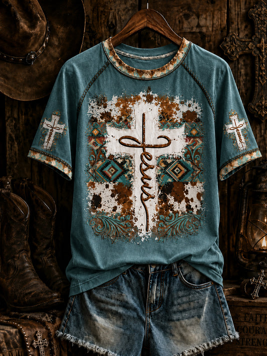 Damen Retro Western Christian Jesus Kreuz Kurzarm T-Shirt