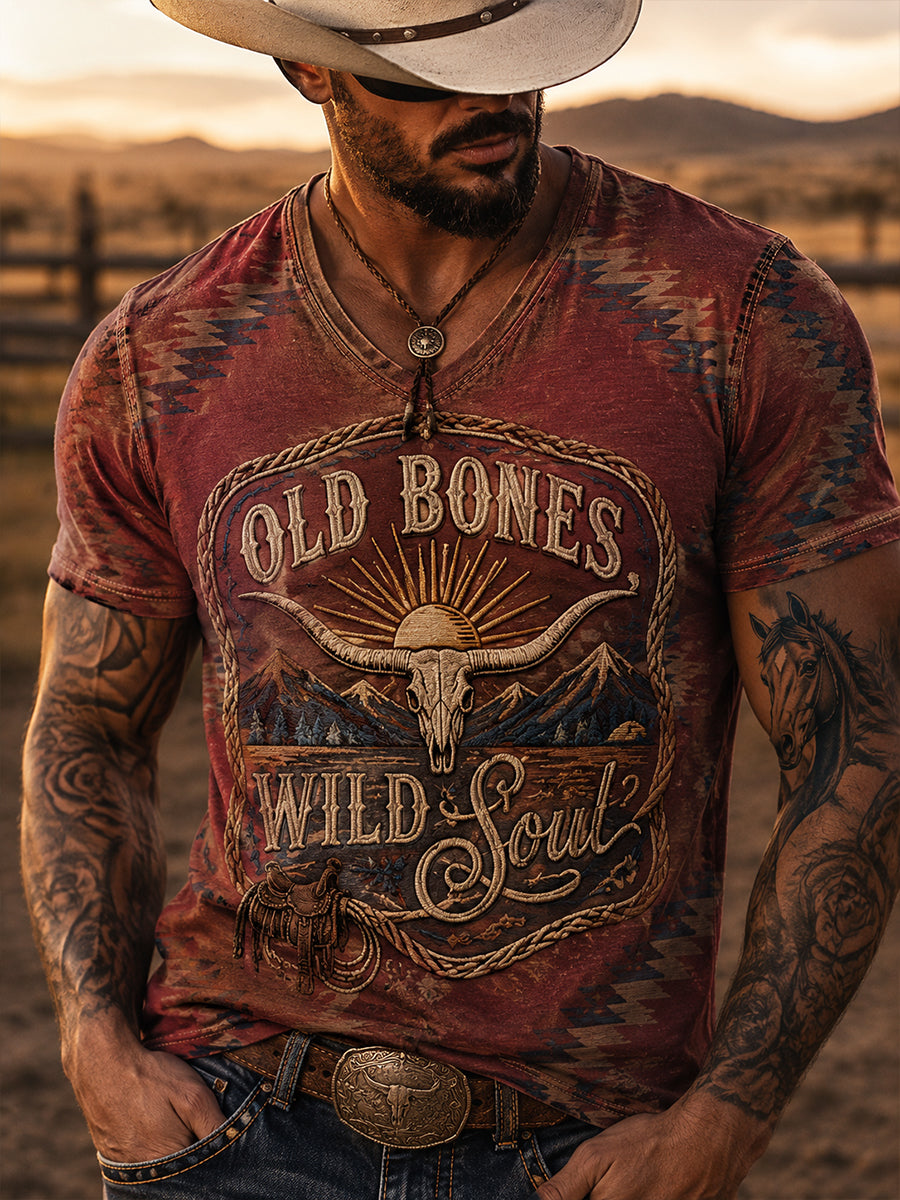 Herren-Retro-Western-Cowboy-T-Shirt mit Schädel-Print und Used-Look