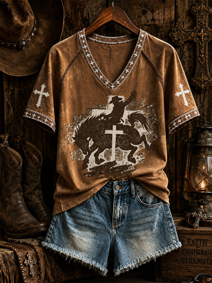 Damen-Retro-Western-T-Shirt mit christlichem Kreuz und kurzen Ärmeln