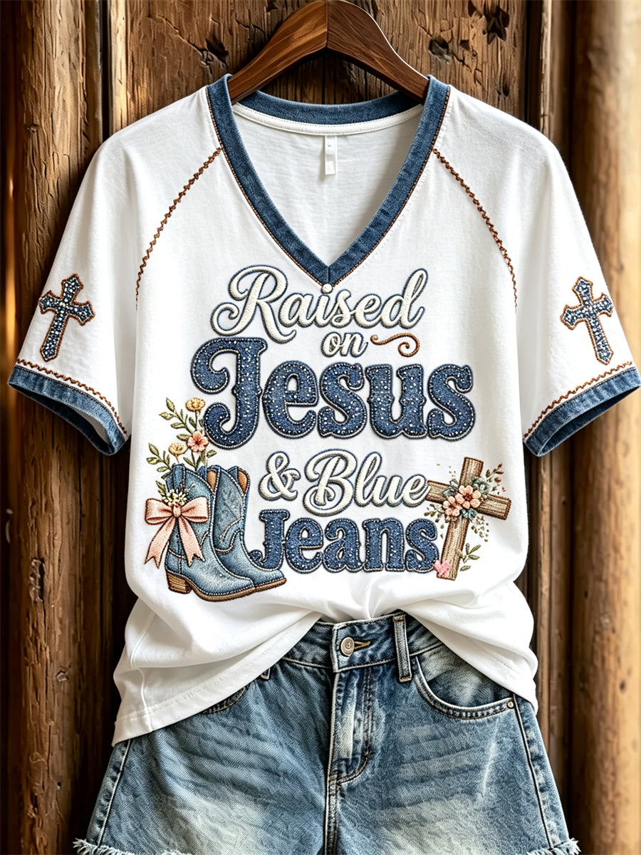 Kurz ärmel iges T-Shirt mit Denim-Kunstdruck für Damen auf Jesus & Blue Jeans