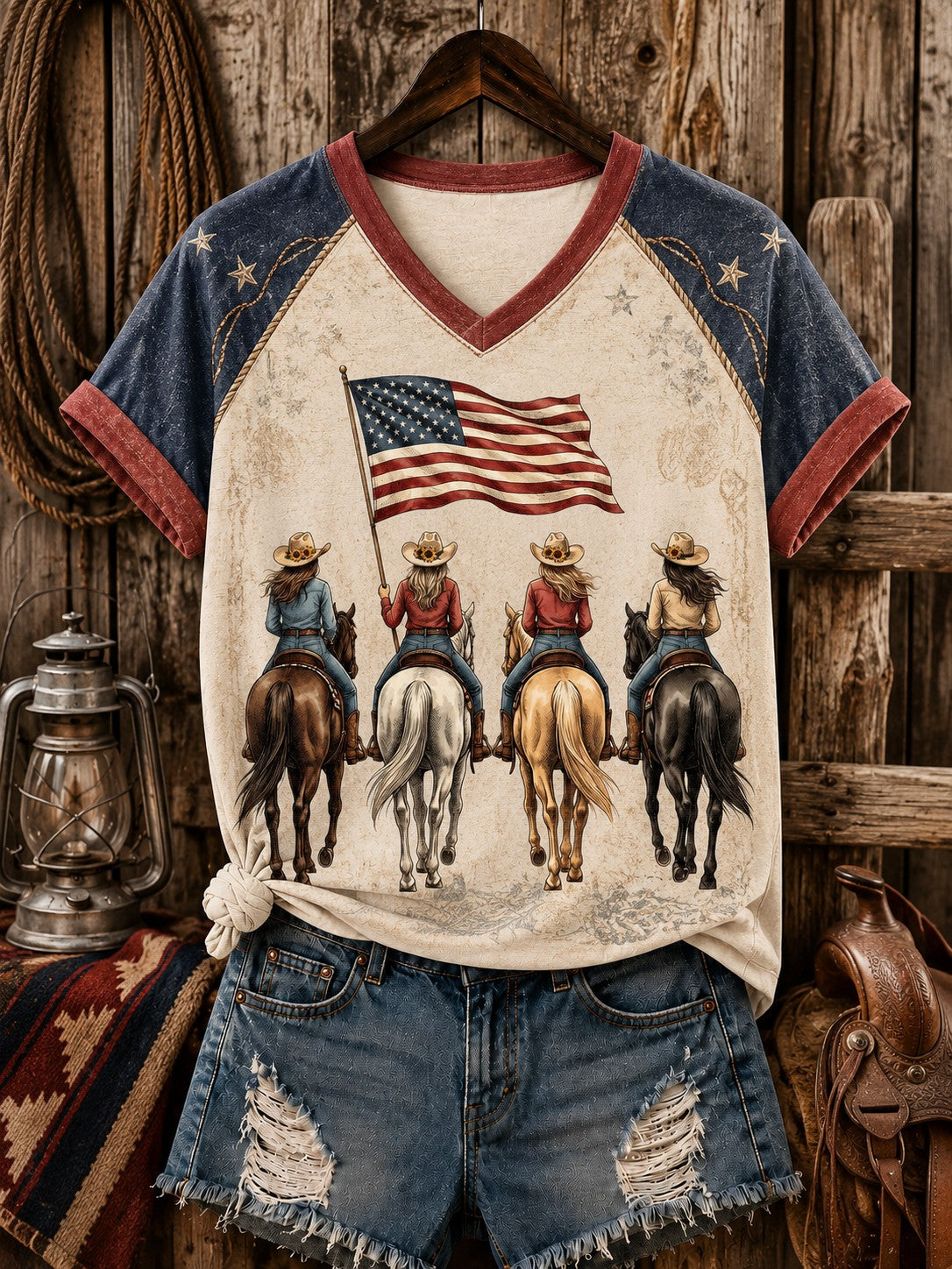 Damen Reiten Bedrucktes T-Shirt mit V-Ausschnitt schulter frei