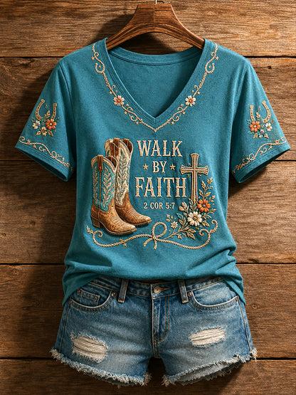 Damen Retro Western Faith Stiefel drucken lässiges T-Shirt mit V-Ausschnitt