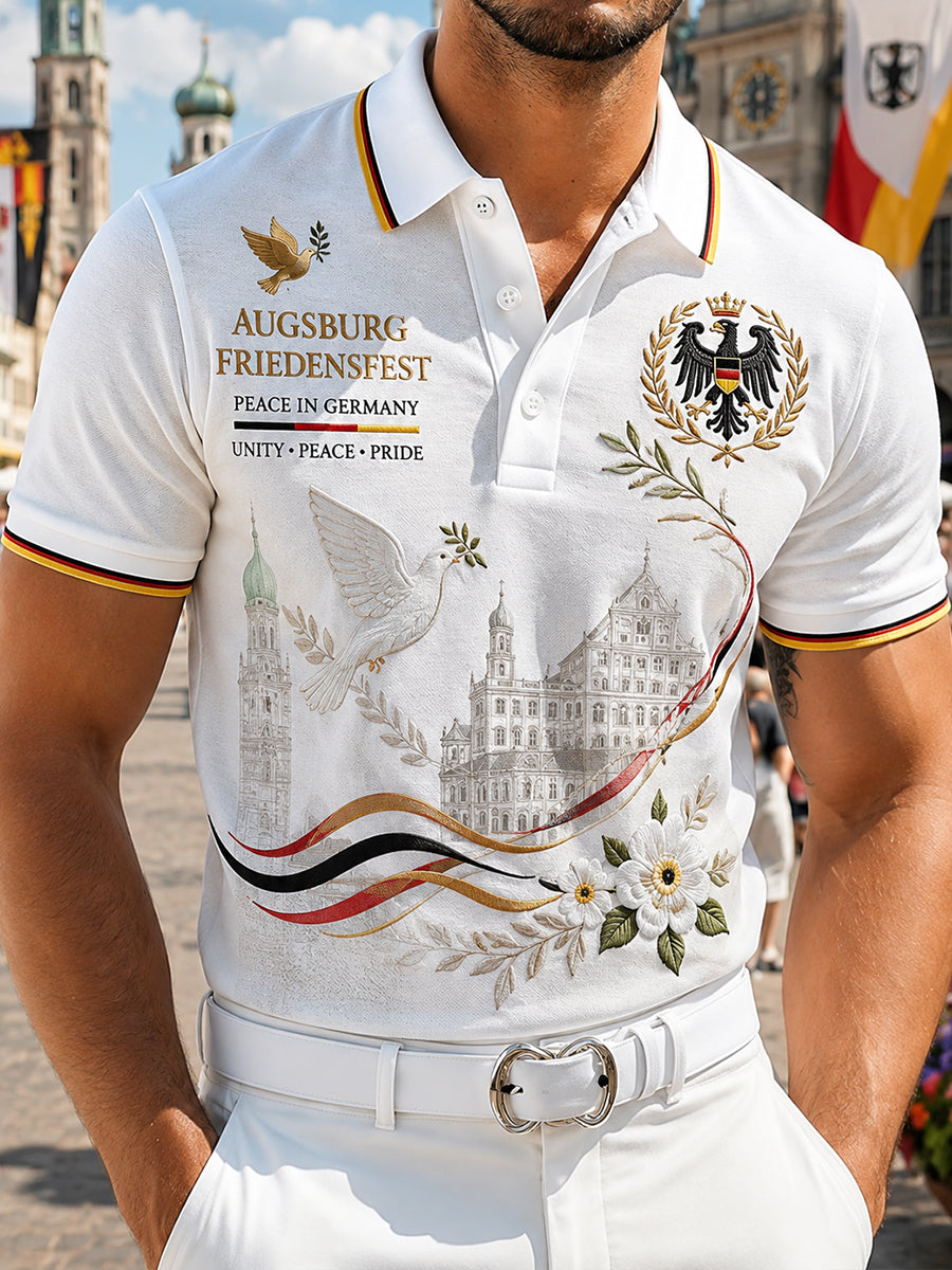 Herren-Poloshirt mit kurzen Ärmeln und Gedenkdruck zum Friedensfestival
