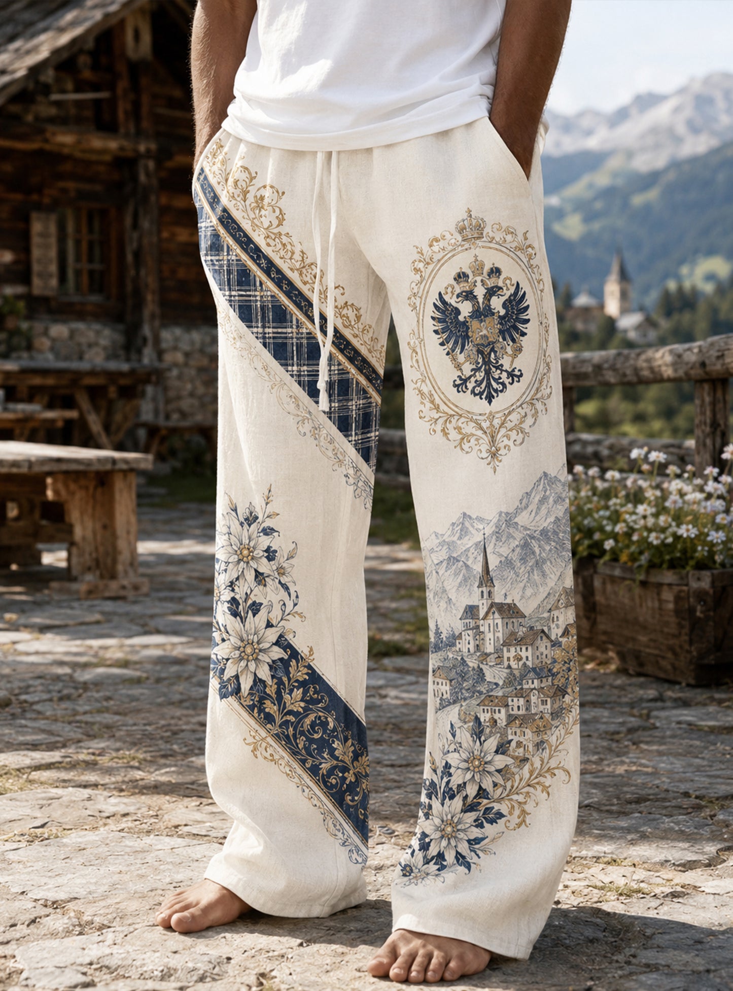 Herren-Hose im österreichischen Landhausstil mit Kunstdruck, lässig geschnitten
