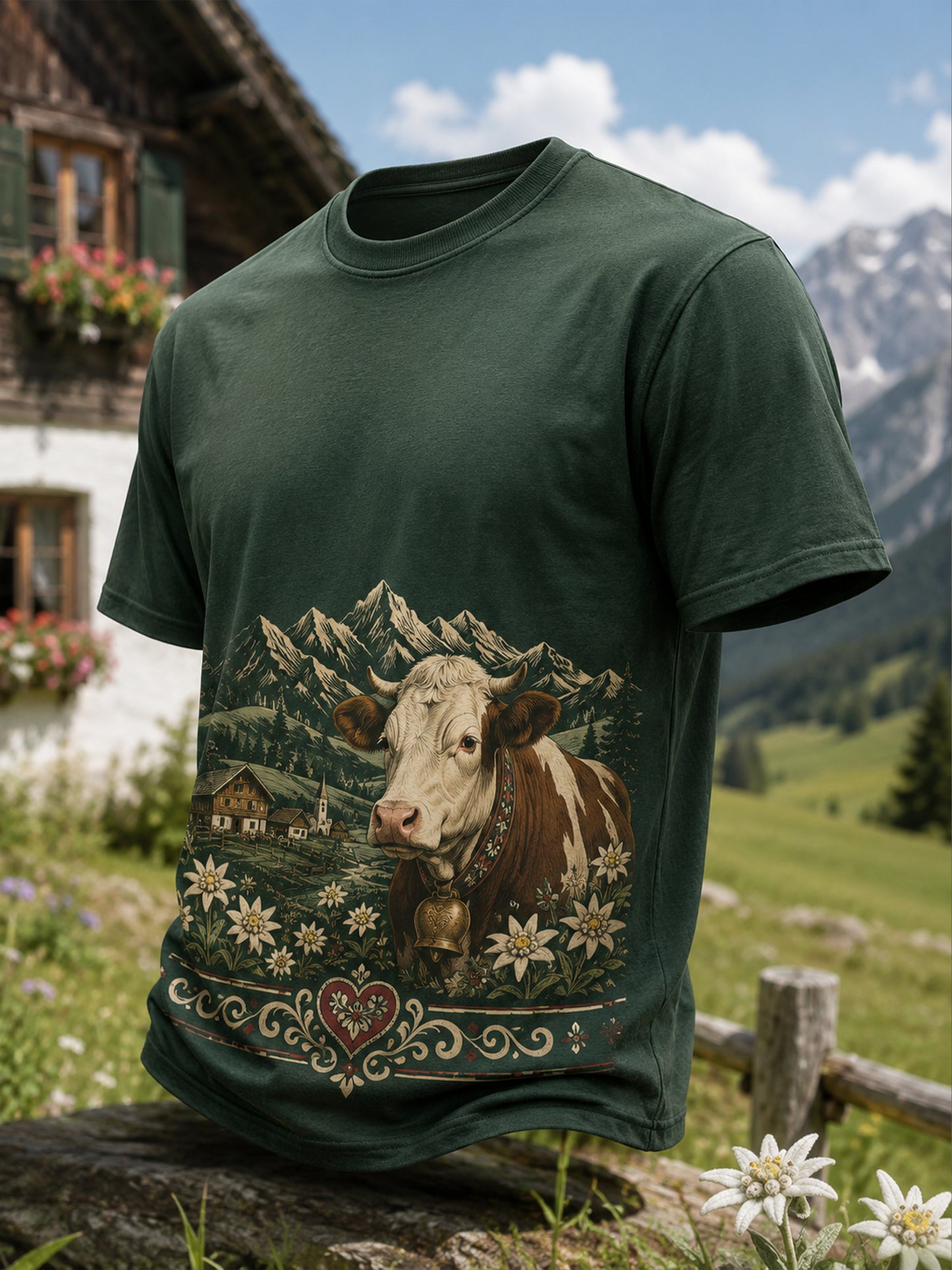 Herren-Casual-T-Shirt im österreichischen Landhausstil mit Kunstdruck