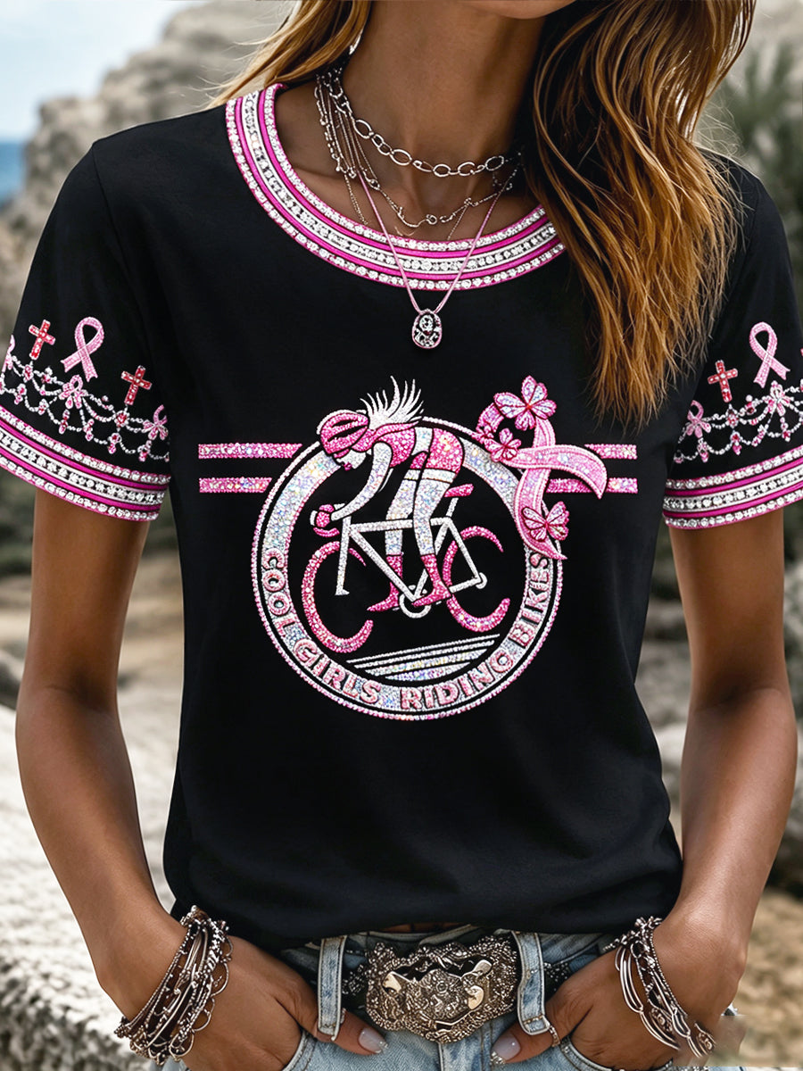 Damen-T-Shirt in Schwarz mit Brustkrebs-Print, lässig geschnitten