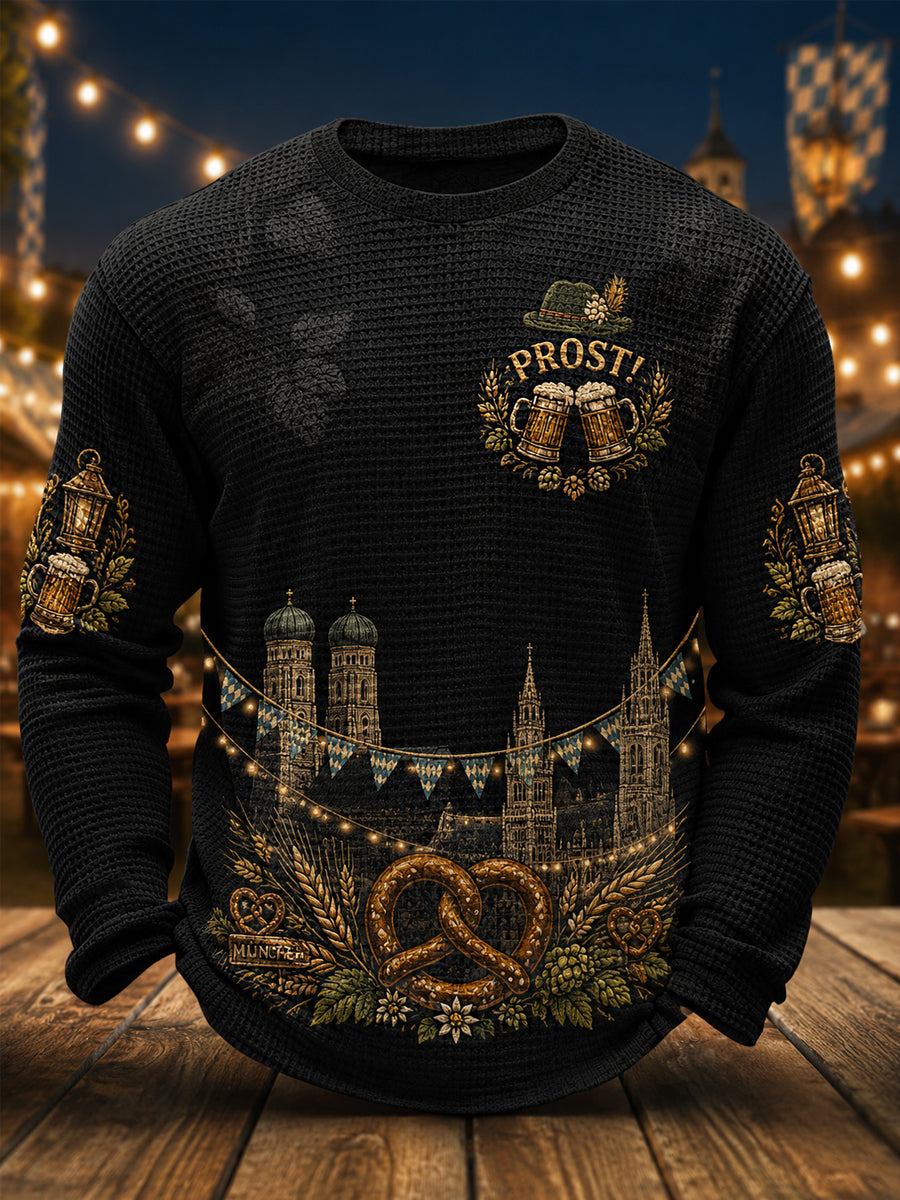 Herren-Oktoberfest Prost! Bedrucktes, lässiges Waffelpiqué-Longsleeve