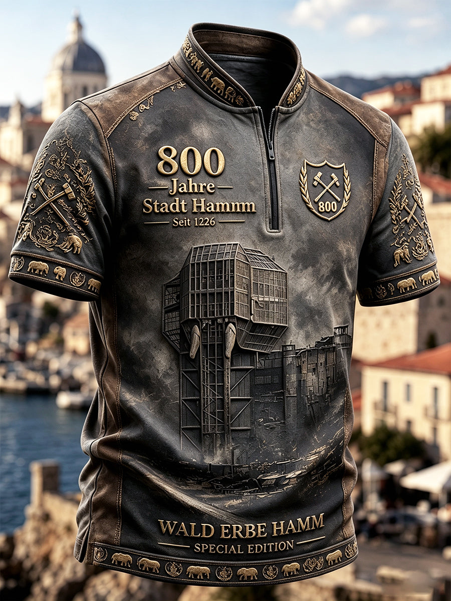 Herren-Graues German-Hamm-T-Shirt zum 800. Jubiläum, Retro-Patchwork-Print, lässig, mit Reißverschluss