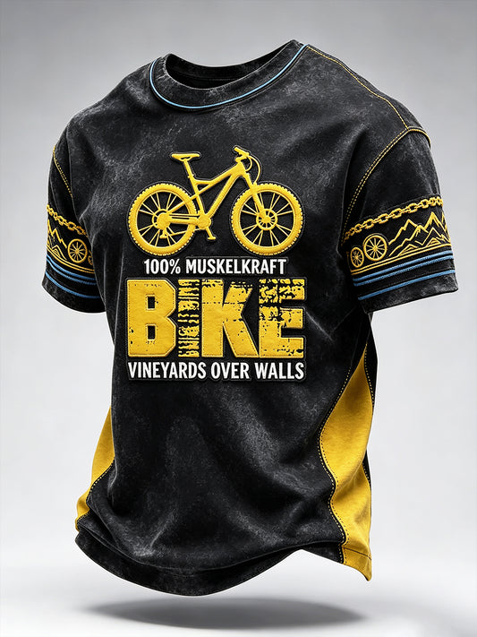 Herren-T-Shirt in Schwarz mit deutschem Fahrrad-Motiv im Patchwork-Style, lässig geschnitten