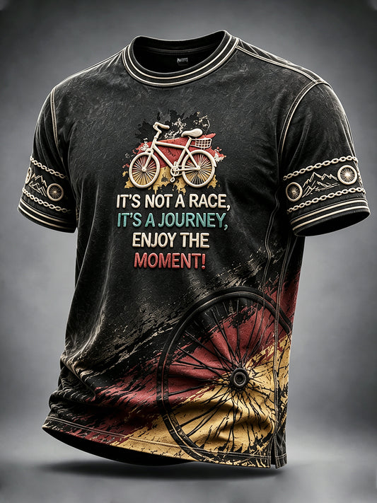Herren-Retro-T-Shirt in Schwarz mit deutschem Fahrrad-Graffiti-Print, lässig geschnitten