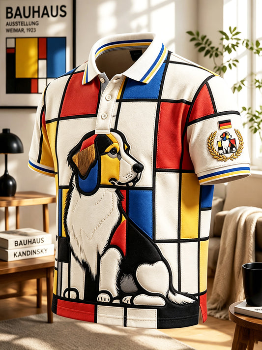 Herren-Poloshirt im deutschen Stil mit geometrischem Patchwork und Welpenmuster, lässig geschnitten